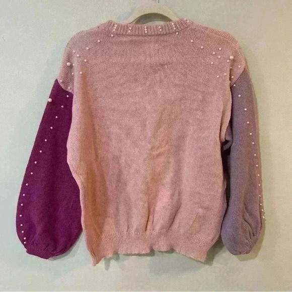 NWT BiBi Pink Pearl Embellished Chunky Knit Crewneck Oversized Sweater Small - Picture 4 of 5